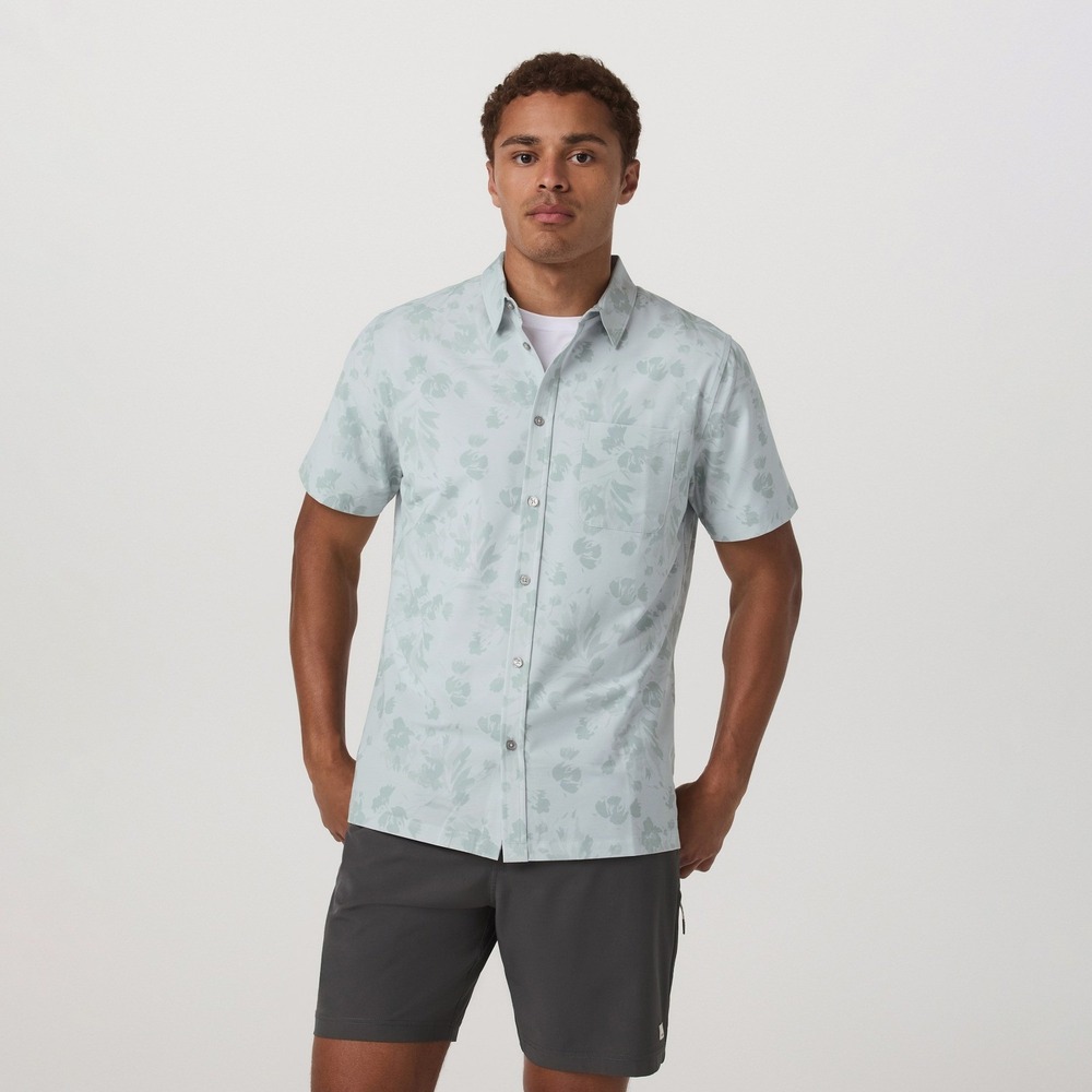 Vuori Bridge Button Down Mens XL Storm Blue Fleur Floral Short Sleeve NWT